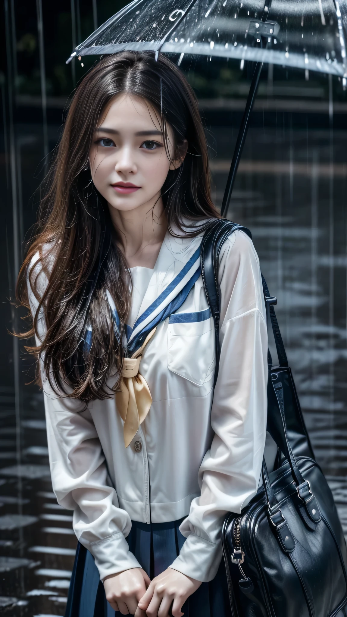 (RAW shooting, Photoreal:1.5, 8k, highest quality, masterpiece, ultra high resolution), perfect dynamic composition:1.2, street corner at night, look up at the sky:1.3, (((Typhoon heavy rain))), Highly detailed skin and facial textures:1.2, Slim high school girl wet in the rain:1.3, sexy beauty, perfect style:1.2, beautiful and aesthetic, Fair skin, very beautiful face, (rain drips all over my body:1.2, wet hair:1.4, wet uniform:1.2), water droplets on the skin, (Medium chest, Chest gap), (embarrassing smile, The expression on your face when you feel intense caress, Facial expression when feeling pleasure), (beautiful blue eyes, Eyes that feel beautiful eros:0.8), (Too erotic:0.9, Bewitching:0.9), cowboy shot, student bag, perfect limbs, perfect fingers