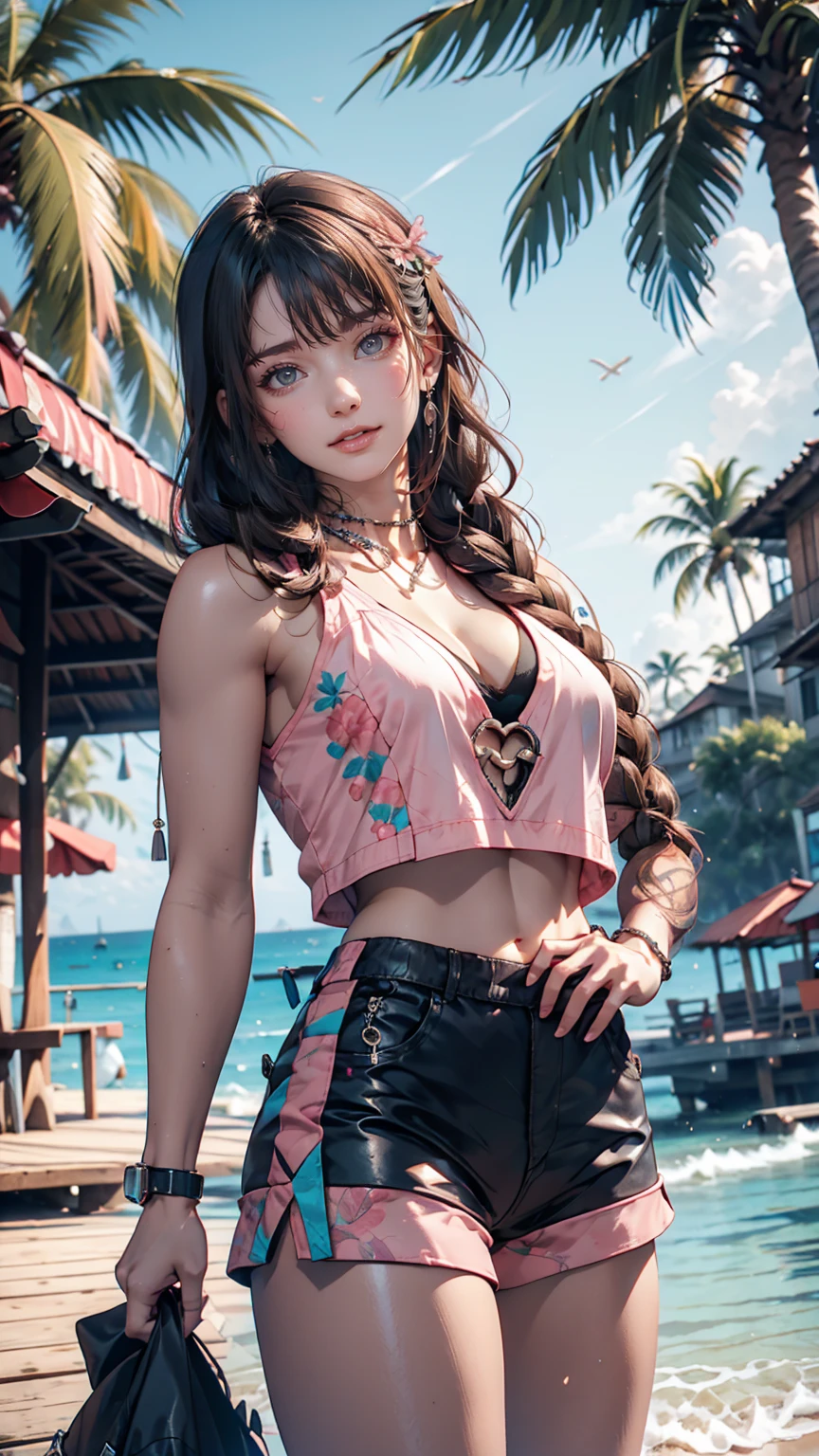 Beautiful woman with long hair in pink braids、Cyberpunk Shorts, tattoo, wild,Gazing at the audience、positive、smile、Sea side、Palm tree