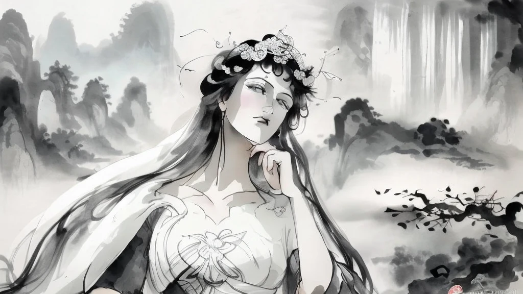 black and white tones:1.3, masterpiece, best quality, tradition chinese ink watercolor paintings:1.2, use thick and light inks to create light and dark changes and layers, a beautiful 20s russian model, ultra detailed face
