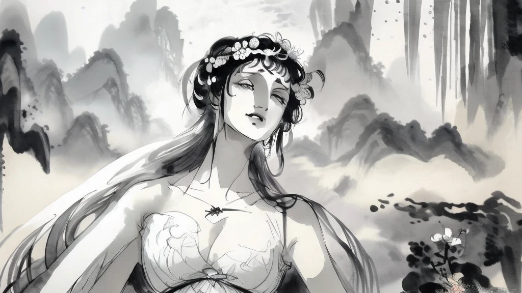 black and white tones:1.3, masterpiece, best quality, tradition chinese ink watercolor paintings:1.2, use thick and light inks to create light and dark changes and layers, a beautiful 20s russian model, ultra detailed face