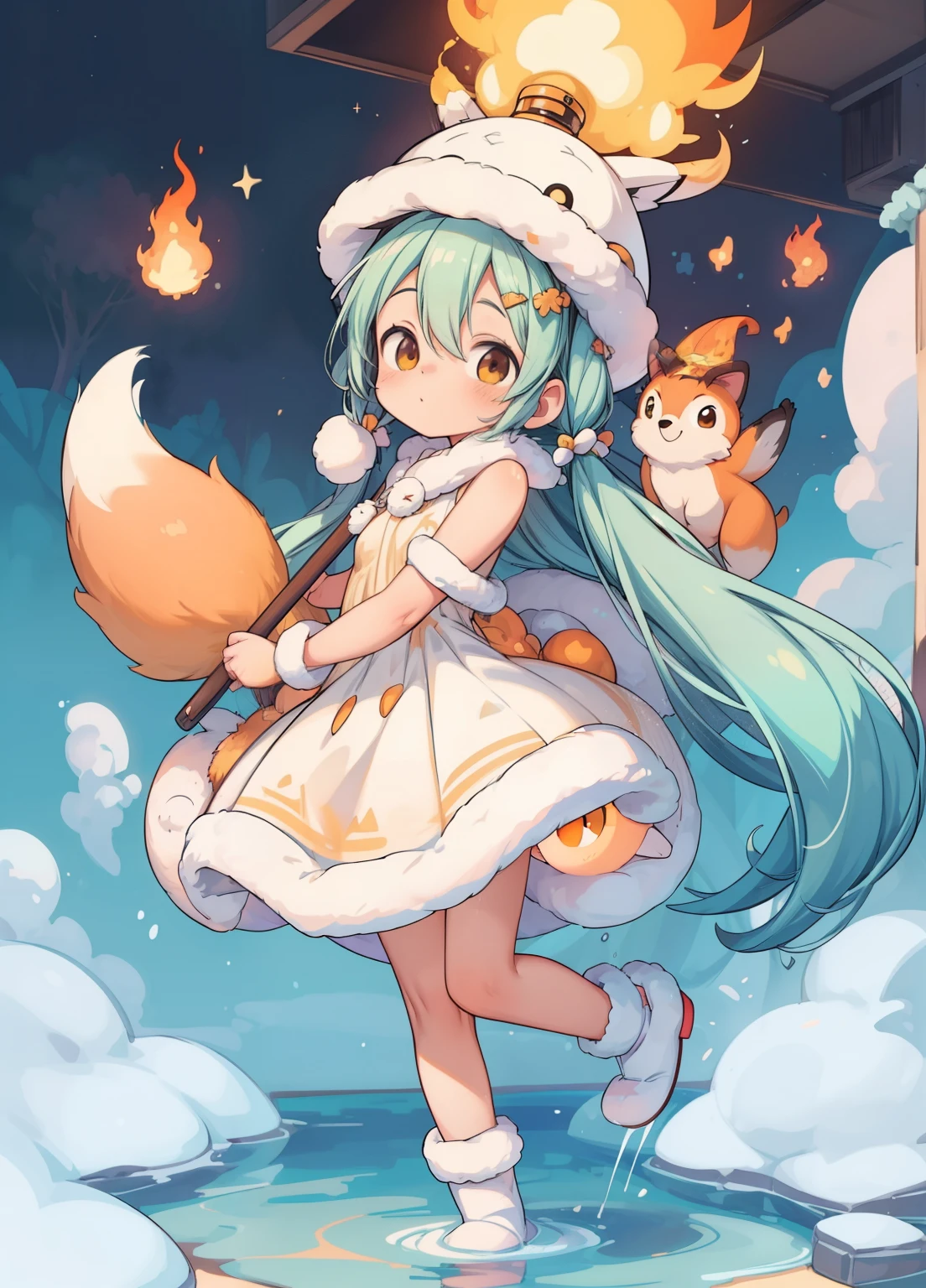 (masterpiece、Highest quality、Highest quality、Official Art、Beautiful and beautiful:1.2)、(One girl:1.3)Hatsune Miku、Twin tails,Beautiful breasts,There is a photo of a cat wearing a hat and goggles.., Soluble in Valpix, The fusion of buizel and humans, Fluffy orange skin, fur art!!!, fire type, fire!! whole body, Detailed fan art, fursona fur art commission, Fursona Art, very very beautiful fur art, High quality fan art, Anthropomorphic fox, Fox with a torch