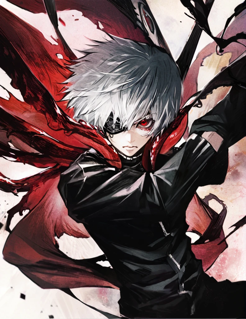 ```
ken kaneki, Tokyo Ghoul, white hair, black outfit, eyepatch, half-ghoul, serious expression, red kakugan eye, kagune tentacles, detailed face, high quality、Acrobatic、Wind-like sensation、

```