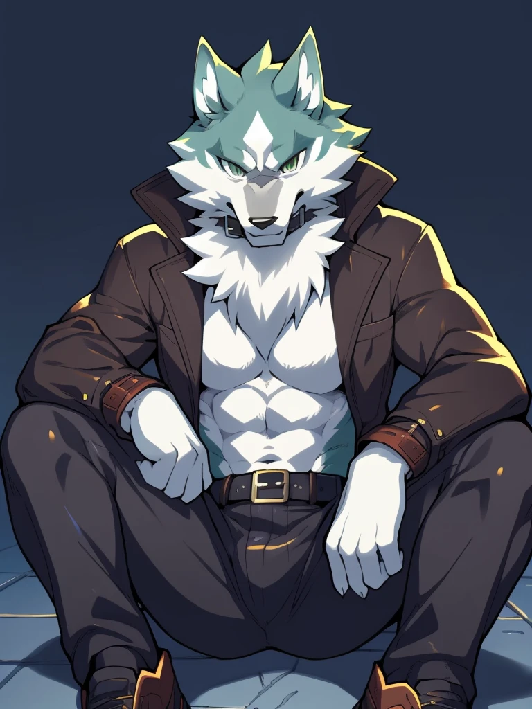 shirou, brand new animal, studio trigger, shirou ogami, canid, canine, canis, mammal, wolf, abs, anthro, black bottomwear, black boxers, sitting on floor, countershading, fur, green body, green eyes, green fur, gun, jacket, kemono, looking at viewer, smile, male, muscular, muscular anthro, muscular male, open clothing, open jacket, open topwear, pants, ranged weapon, simple background, solo, topwear, weapon, house background, white body, white countershading, by dr.kiyo, by takemoto arashi, by null-ghost, by canyne khai, masterpiece, best quality, anime, anime style, digital flat colors, sharp shadows, shaded, male focus, extreme detailed illustration, good , detailed RPG CG,