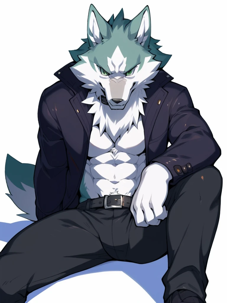 shirou, brand new animal, studio trigger, shirou ogami, canid, canine, canis, mammal, wolf, abs, anthro, black bottomwear, black boxers, sitting on floor, countershading, fur, green body, green eyes, green fur, gun, jacket, kemono, looking at viewer, smile, male, muscular, muscular anthro, muscular male, open clothing, open jacket, open topwear, pants, ranged weapon, simple background, solo, topwear, weapon, house background, white body, white countershading, by dr.kiyo, by takemoto arashi, by null-ghost, by canyne khai, masterpiece, best quality, anime, anime style, digital flat colors, sharp shadows, shaded, male focus, extreme detailed illustration, good anatomy, detailed RPG CG,