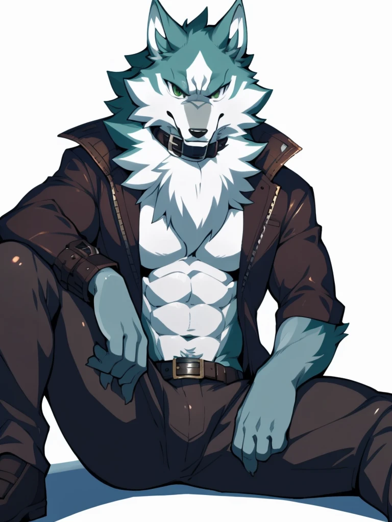 shirou, brand new animal, studio trigger, shirou ogami, canid, canine, canis, mammal, wolf, abs, anthro, black bottomwear, black boxers, sitting on floor, countershading, fur, green body, green eyes, green fur, gun, jacket, kemono, looking at viewer, smile, male, muscular, muscular anthro, muscular male, open clothing, open jacket, open topwear, pants, ranged weapon, simple background, solo, topwear, weapon, house background, white body, white countershading, by dr.kiyo, by takemoto arashi, by null-ghost, by canyne khai, masterpiece, best quality, anime, anime style, digital flat colors, sharp shadows, shaded, male focus, extreme detailed illustration, good anatomy, detailed RPG CG,