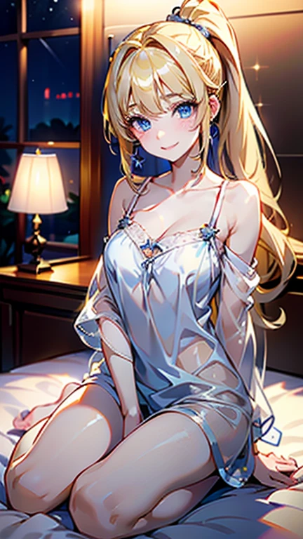 Best quality , masterpiece, Portrait、、Bright expression、ponytail、Young, shiny, white, glossy skin、Gloss Face、Shining Cheek Gloss、Small Face Beauty、The best beauty、The dazzling light of blonde hair、Bright blonde hair with dazzling highlights、Very beautiful shiny light blonde hair、super long silky straight hair、Her shiny, beautiful bangs are covering her eyes.、Sparkling, clear, attractive, bright, large, pale blue eyes、Very big eyes、eyeliner、very beautiful lovely cute 16 year old girl、Ample Bust, full body , smile , ((((night wear ))))