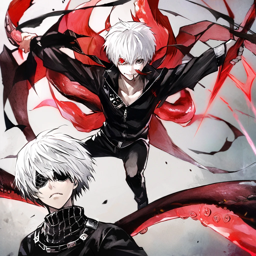 ```
ken kaneki, Tokyo Ghoul, white hair, black outfit, eyepatch, half-ghoul, serious expression, red kakugan eye, kagune tentacles, detailed face, high quality、Acrobatic、Wind-like sensation、
```