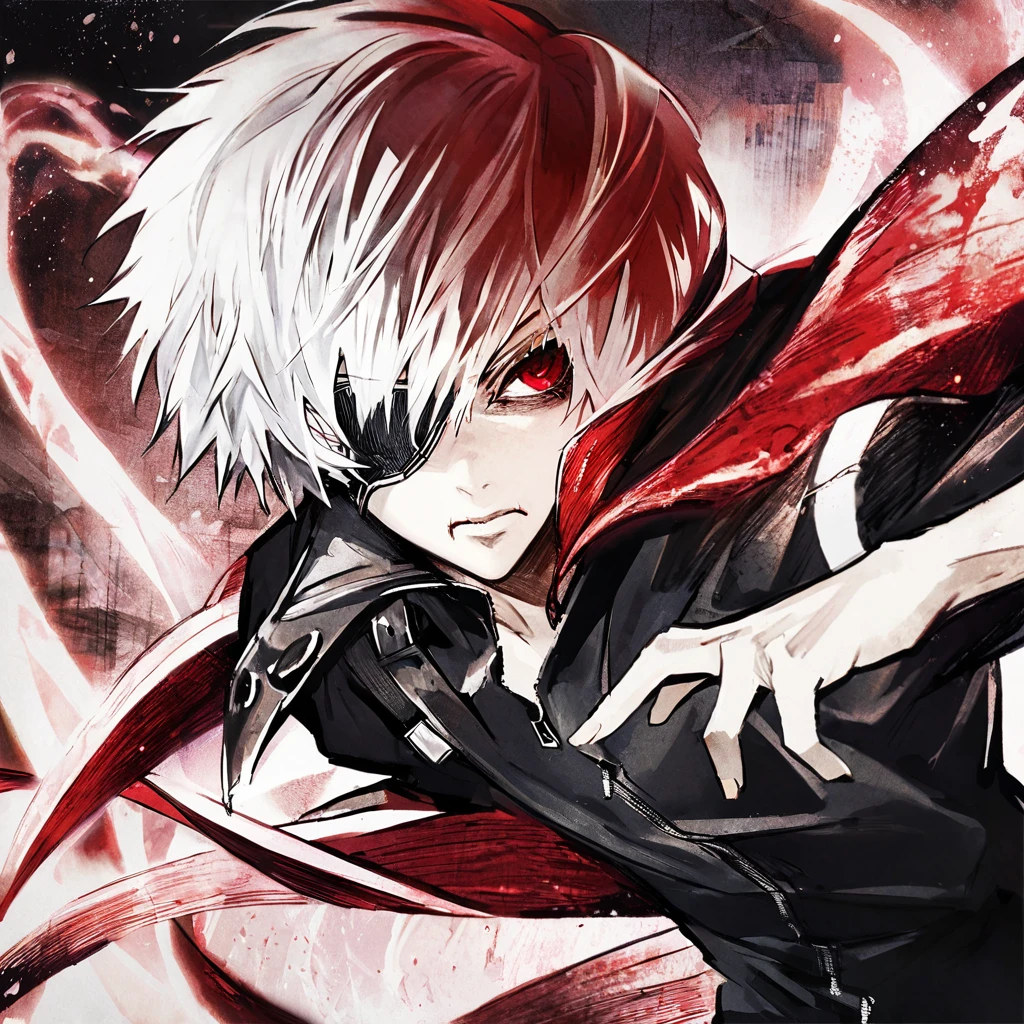 ```
ken kaneki, Tokyo Ghoul, white hair, black outfit, eyepatch, half-ghoul, serious expression, red kakugan eye, kagune tentacles, detailed face, high quality、Acrobatic、Wind-like sensation、

```