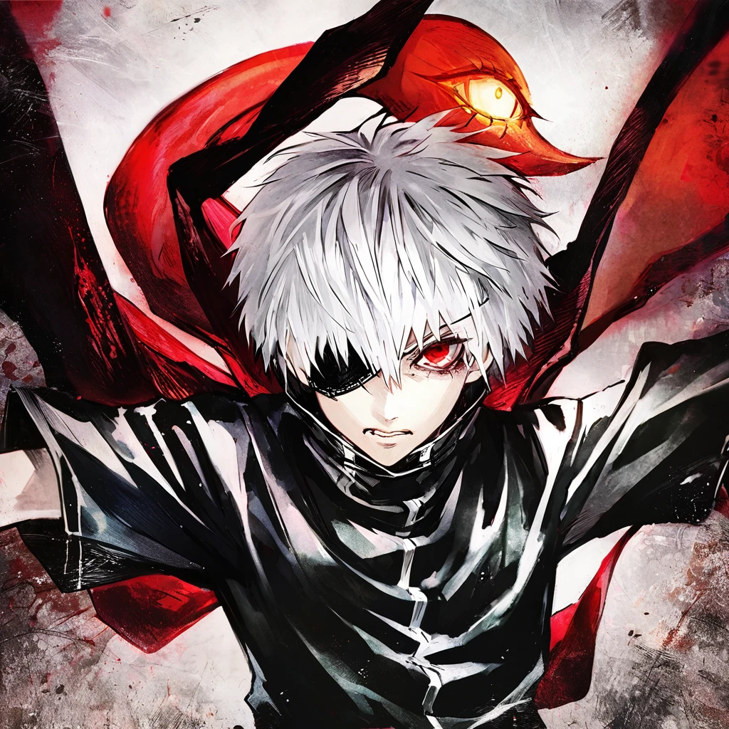 ```
ken kaneki, Tokyo Ghoul, white hair, black outfit, eyepatch, half-ghoul, serious expression, red kakugan eye, kagune tentacles, detailed face, high quality、Acrobatic、Wind-like sensation、
```