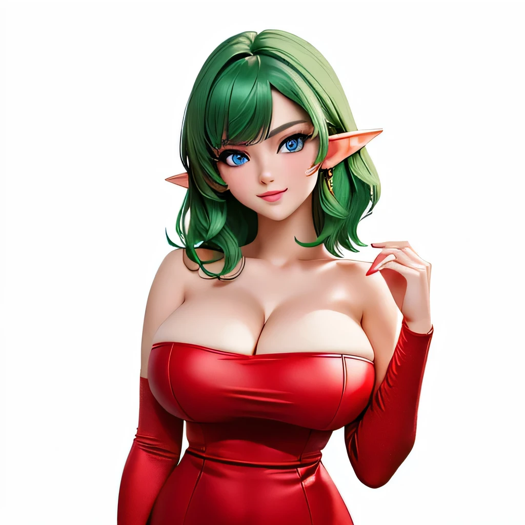 ((masterpiece,Highest quality,Very delicate,Perfect Face,16K,High resolution,Very beautiful girl)),sensual posing,Medium short green hair:1.2, Red strapless bodycon tube dress ,Red long sleeve,Elf Girl,((Huge breasts:1.3)),blue eyes,Beautiful smile,20-year-old,