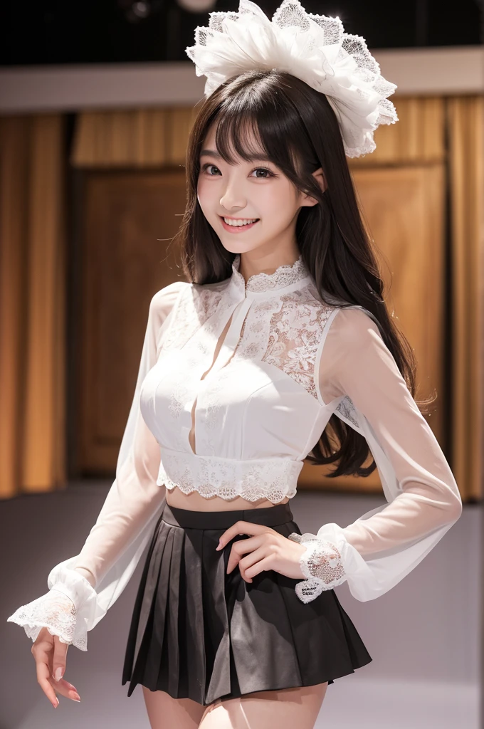 Amazingly large eyes、Smiling expression with white teeth visible、H cup bust、50cm waist、Slender and fair-skinned、Japan woman with long hair、20-year-old、Slim figure、Wearing a pleated skirt and a sheer lace blouse that flutters in the vivid breeze、Wearing high heels。On the runway at a fashion show、Her whole body was shown, from her high heels to her head, as she walked towards the viewer.、Bright, photo-quality images。