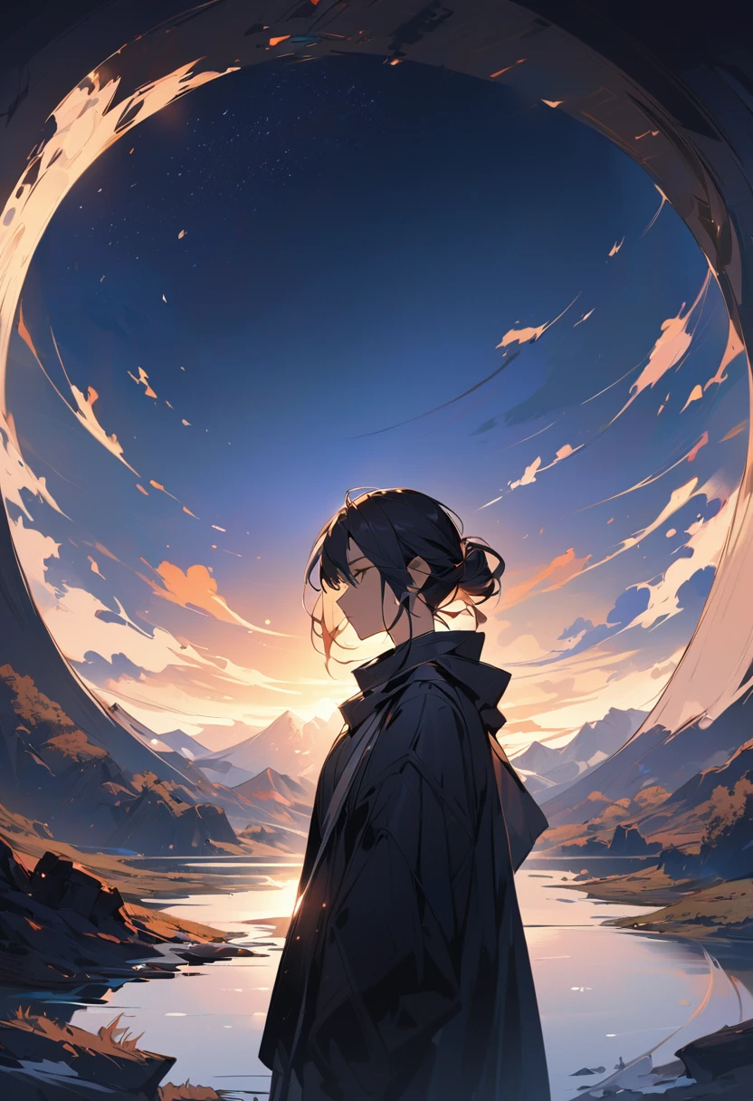 Create a portrait of a contemplative person in a stunning landscape, This piece requires excellent lighting