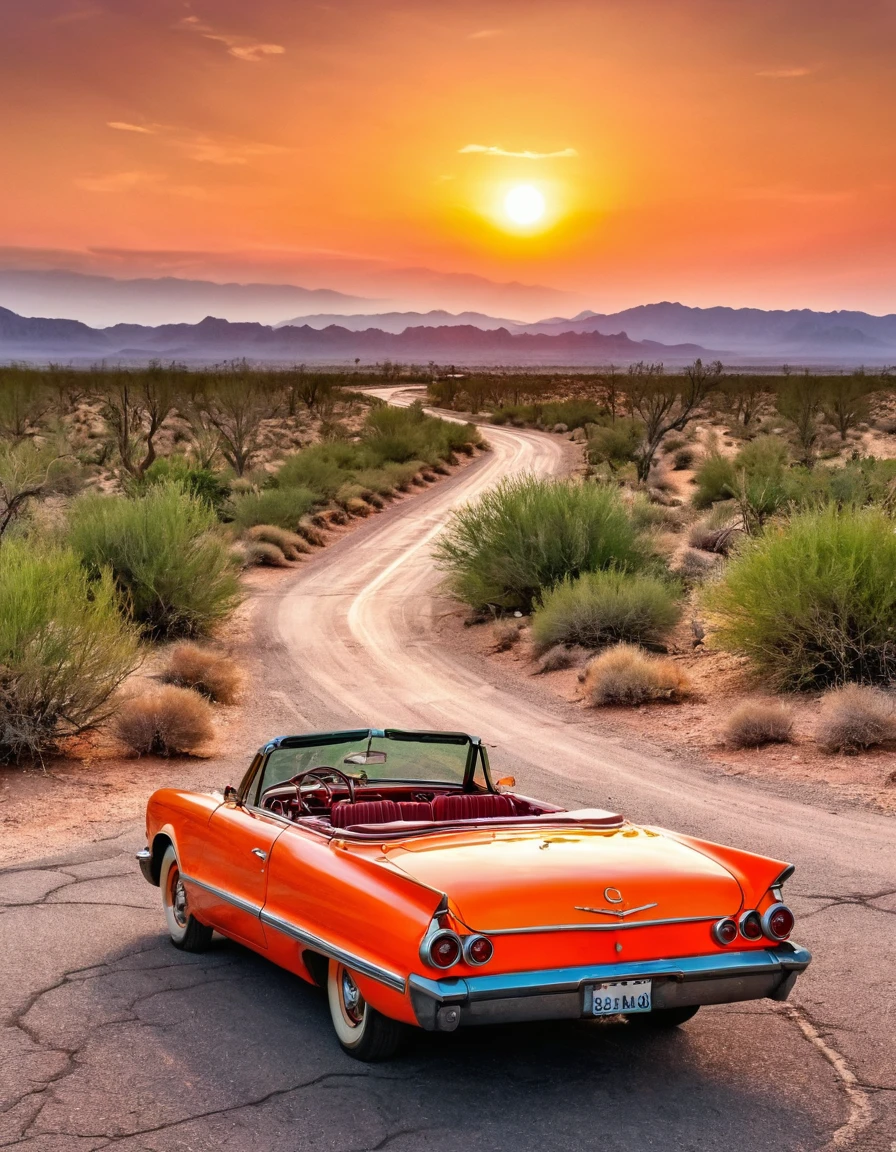 In the desert,A winding road that continues into the distance,summer,very hot,summer炎炎,Orange desert、Red Sky,A green vintage convertible car parked in the middle of the road