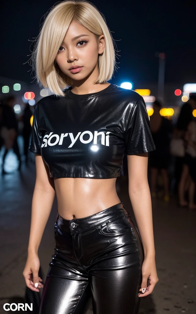 gyaru, dark-skinned, (shiny oiled skin:1.2), blond hair, short cut hair, wearing black cropped shirt, wearing black flared pants, thick fog, sony a7, film grain, dark night, Photorealistic, one-point perspective, 32K, cinematic lighting, full body shot
