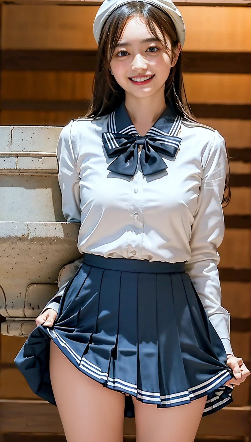 ((highest quality、8k、masterpiece:1.3)),((((cowboy shot)))),Ultra-high resolution,big eyes,Japanese,bangs,(a girl),(1 girl),20 years old,((facing at viewer)),(long hair),(((black sailor uniform))),grin,((standing)),(pleated mini skirt),((pussy)),((skirt lift))