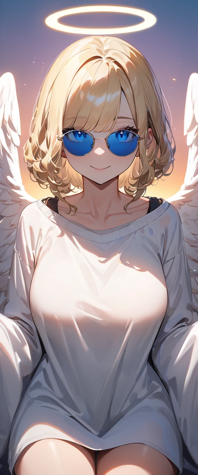 (((One girl))), (((cowboy shot))), ((flying)), ((sunglasses, hand to sunglasses)), ((angel, big big white wings:1.2, halo:1.3)), Uriel, ((wavy hair, outward curled hair)), evening, Sunset, ((blond hair, bob cut:1.3)), big breasts, ager, (looking at viewer), oversized clothes, puffy long sleeves, collarbone, ((off-shoulder sweater dress:1.3, Quite thick shoulder straps)), (((sleeves past wrists:1.3))), ((white sweater)), collarbone, head tilt:1.3, (((blue eye))), ((happy smile)), (((anime style))), (best quality, 4K, 8K, highres, masterpiece:1.2, ultra-detailed, ultra-detailed eyes, HDR, uhd, studio lighting, ultra-fine painting, sharp focus, physically-based rendering, extreme detail description, professional, vivid colors, bokeh), ((Highest quality, Best image quality, Ultra-high resolution, Ultra-high resolution, solo, Strong eye highlights)), Depth of written boundary, Natural soft light, attractive, Beautiful Face, Cleanliness, Pure Face, medium chest, Beautiful Face, Perfect Fingers, Perfect hands, Perfect body, Perfect Face, Shine a light into your eyes, Perfect Anatomy