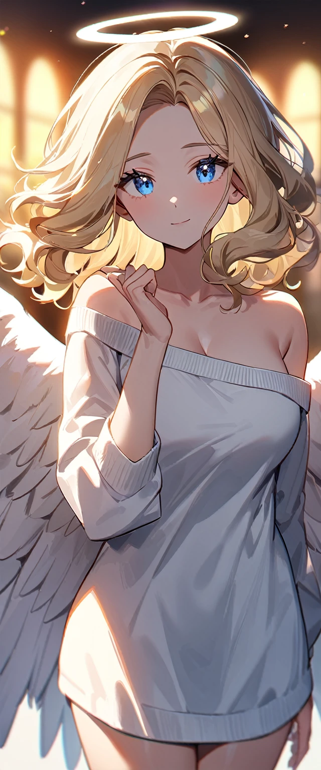 (((One girl))), (((cowboy shot))), ((flying)), ((angel, big big white wings:1.2, halo:1.3)), Uriel, ((wavy hair, outward curled hair)), evening, Sunset, ((blond hair, bob cut:1.3)), big breasts, teenager, (looking at viewer), oversized clothes, puffy long sleeves, collarbone, ((off-shoulder sweater dress:1.3, Quite thick shoulder straps)), (((sleeves past wrists:1.3))), ((white sweater)), collarbone, head tilt:1.3, (((blue eye))), ((happy smile)), (((anime style))), (best quality, 4K, 8K, highres, masterpiece:1.2, ultra-detailed, ultra-detailed eyes, HDR, uhd, studio lighting, ultra-fine painting, sharp focus, physically-based rendering, extreme detail description, professional, vivid colors, bokeh), ((Highest quality, Best image quality, Ultra-high resolution, Ultra-high resolution, solo, Strong eye highlights)), Depth of written boundary, Natural soft light, attractive, Beautiful Face, Cleanliness, Pure Face, medium chest, Beautiful Face, Perfect Fingers, Perfect hands, Perfect body, Perfect Face, Shine a light into your eyes, Perfect Anatomy