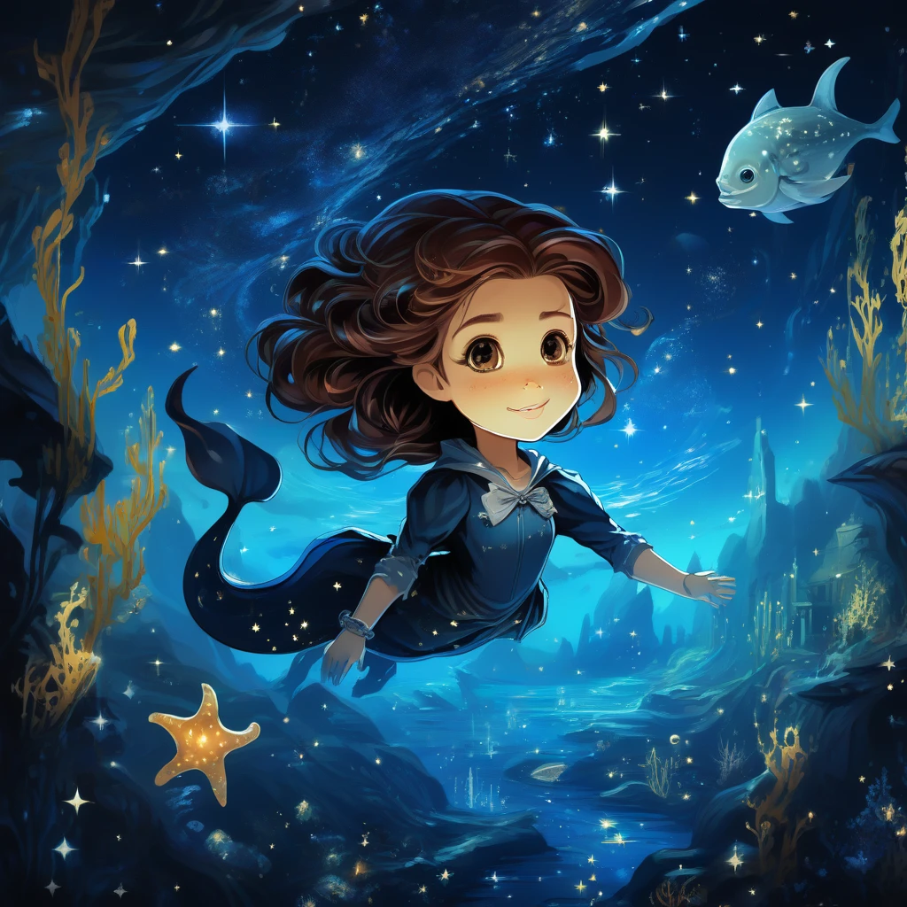 (1girl:1.3),arien_faitytale,fantastic world,undersea starry sky,