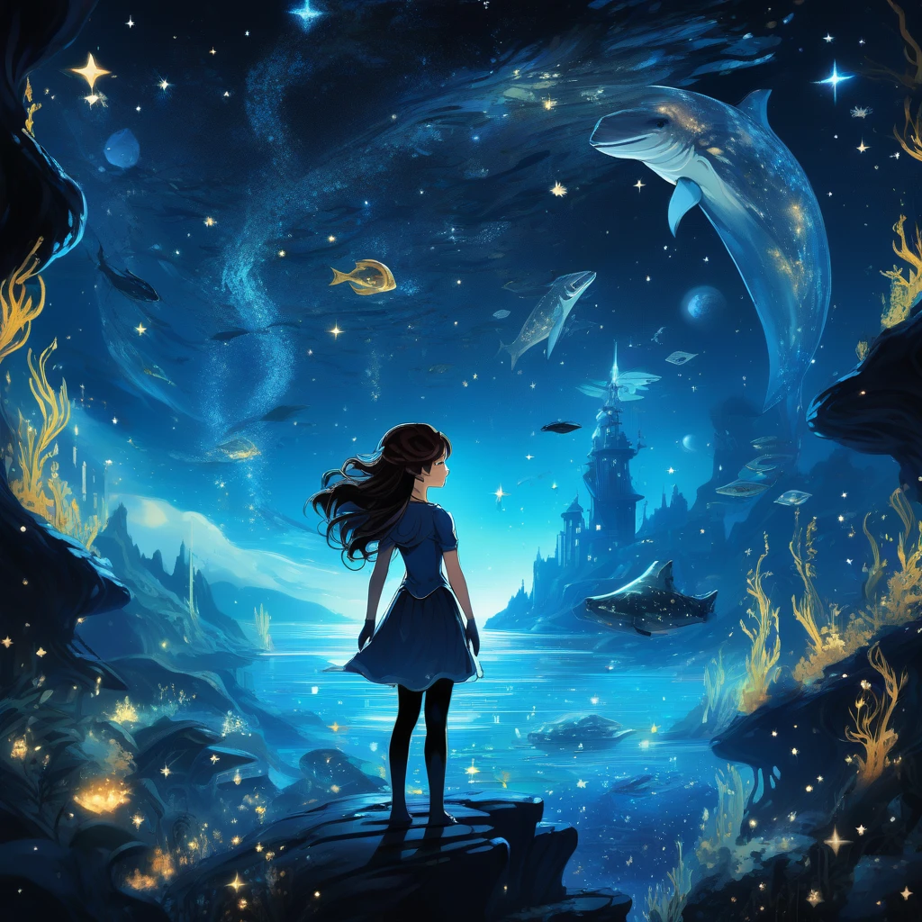 (1girl:1.3),arien_faitytale,fantastic world,undersea starry sky,