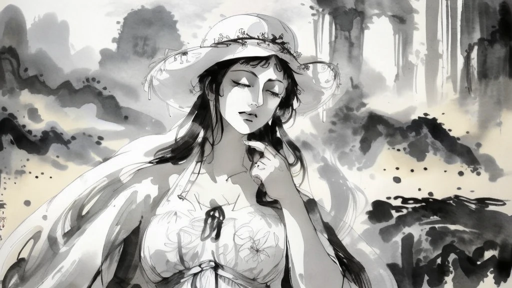 black and white tones:1.3, masterpiece, best quality, tradition chinese ink watercolor paintings:1.2, use thick and light inks to create light and dark changes and layers, a beautiful 20s russian model, ultra detailed face, eye closed