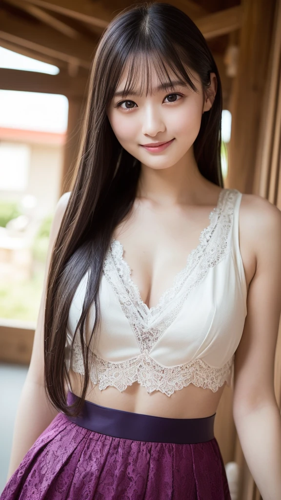 1girls、Japanese people、Beautiful people、Watching the view、Sorrisos(Sorrisos:1.2)、medium chest、beautifuldetailedeyes、Sunshine、slong hair(slong hair:1.4)、(8K、beste Qualität、The Masterpiece:1.2)、(Realstic、photorealestic:1.37)、Ultra Verbose、、Lace Skirt、From Below