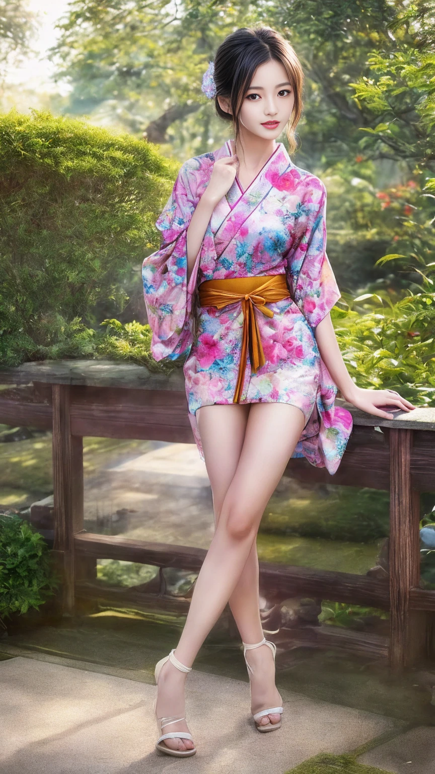 最high quality、high quality、Best image quality、8K、最High resolution、High resolution、最high quality、masterpiece、RAW Photos、whole body写真、Detailed and realistic human body、Detailed and realistic skin、Realistic face in every detail、Detailed and realistic eyes、Detailed and realistic lips、Detailed and realistic teeth、Detailed and realistic ears、Detailed and realistic hair、Realistic reproduction of every detail、((Beautiful Hands(thumb1、reference4))、Realistic feet down to the last detail、((Beautiful Japanese Girl))、(Japanese Model)、18 year old beautiful girl))、(Black Hair)、(Random Hairstyles)、((whole body))、((Slim and perfect figure))、(Flat chest、Small breasts)、(whole body光沢肌、Fair skin)、Soft natural light、Mini Chinese Dresini Kimono、Mini Ninja Costume、Japanese tradition、Japanese garden、((Colorful floral pattern(Sexy Kimono Dresses))、((Relax in the garden(Poses to make your thighs look beautiful))