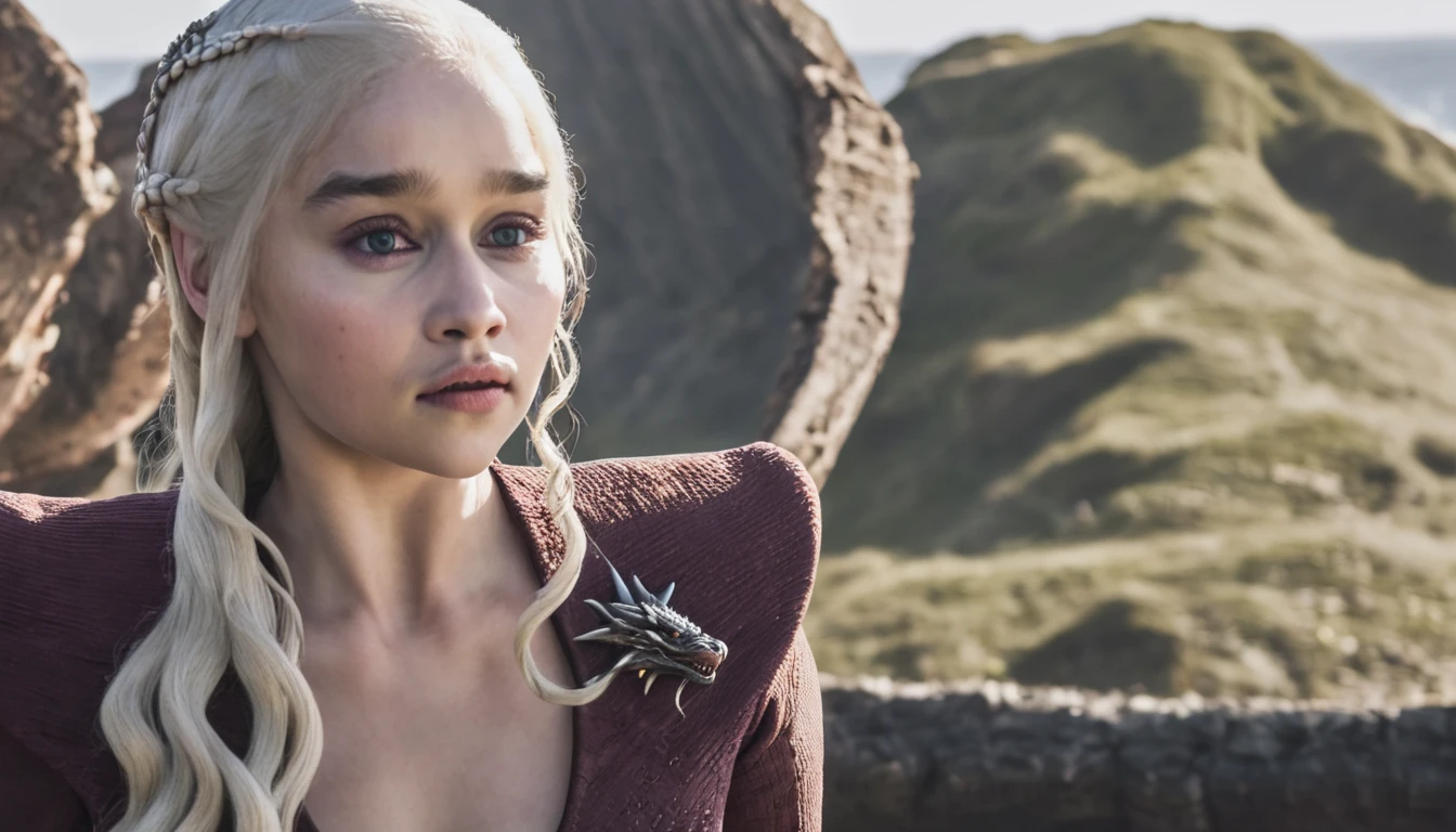 Make me an image in the Game of Thrones universe: Targaryen woman, with platinum hair and violet eyes, fair skin, an oval and delicate face. Make her wearing a red and simple medieval dress