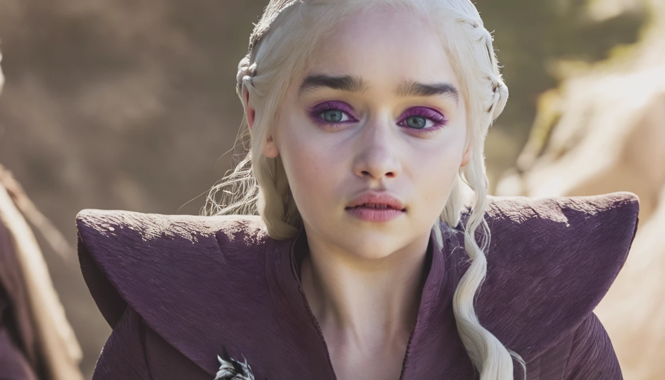 Make me an image in the Game of Thrones universe: Targaryen woman, with platinum hair and violet eyes, fair skin, an oval and delicate face. Make her wearing a red and simple medieval dress