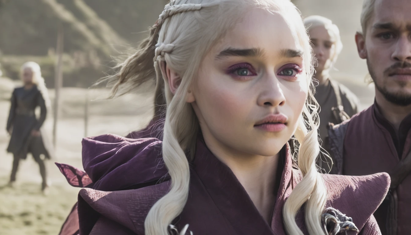 Make me an image in the Game of Thrones universe: Targaryen woman, with platinum hair and violet eyes, fair skin, an oval and delicate face. Make her wearing a red and simple medieval dress