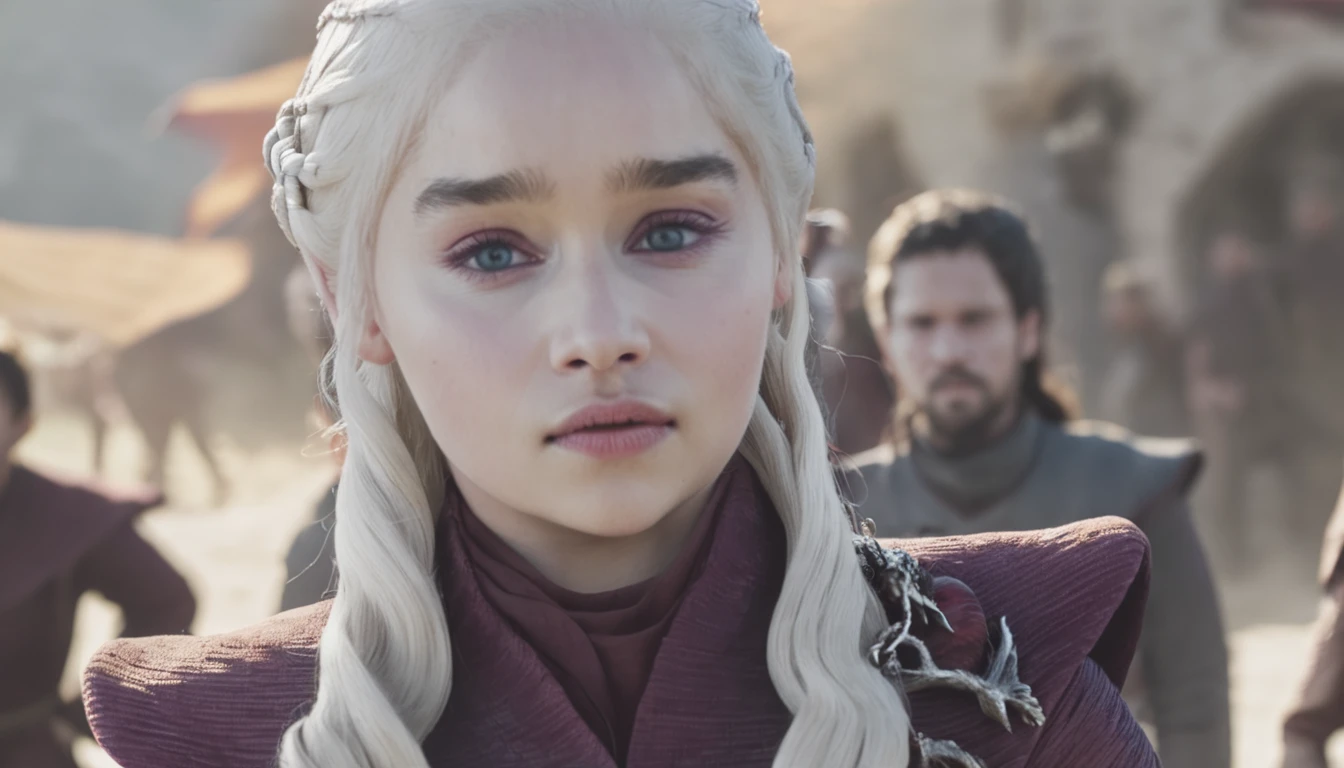 Make me an image in the Game of Thrones universe: Targaryen woman, with platinum hair and violet eyes, fair skin, an oval and delicate face. Make her wearing a red and simple medieval dress