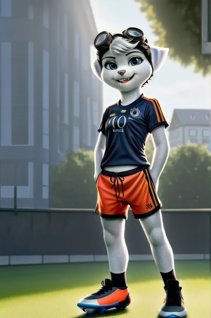 Rivet, tail, furry girl, 1girl, solo, young, (((Germany soccer shorts))), (((Germany soccer shirt))), (((Germany soccer shoes))), standing inside city park, detailed body fur, detailed body, detailed eyes, detailed face, athletic, skinny, high quality, masterpiece, small breasts, goggles, :D, looking at you, full body, ((good lighting on crotch)), (aroused), (horny), (bedroom eyes), ((vaginal juice dripping from crotch))