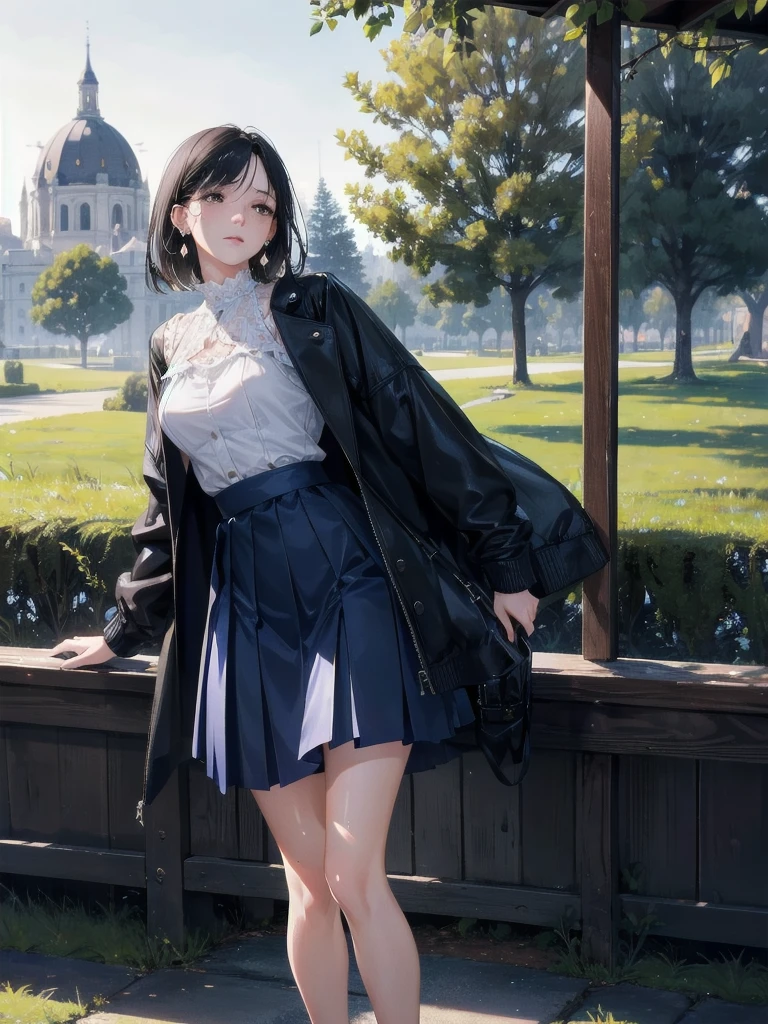 absurdres, RAW photo, extremely delicate and beautiful, masterpiece, Best Quality, ultra high resolution, 32k, hyperrealistic, ultra-detailed, in her 20s, delicate facial features, tearful mole, earring, medium breasts, full body shot, shorter middle hair, black hair, long sleeves, jacket, outdoors, blue skirt, rifle,
