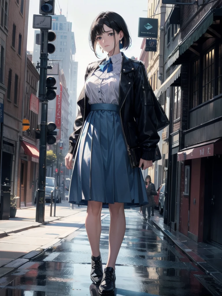 absurdres, RAW photo, extremely delicate and beautiful, masterpiece, Best Quality, ultra high resolution, 32k, hyperrealistic, ultra-detailed, in her 20s, delicate facial features, tearful mole, earring, medium breasts, full body shot, shorter middle hair, black hair, long sleeves, jacket, outdoors, blue skirt, rifle,