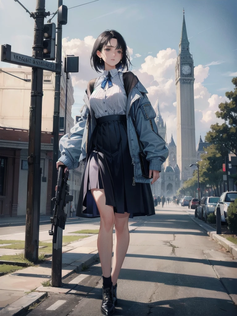absurdres, RAW photo, extremely delicate and beautiful, masterpiece, Best Quality, ultra high resolution, 32k, hyperrealistic, ultra-detailed, in her 20s, delicate facial features, tearful mole, earring, medium breasts, full body shot, shorter middle hair, black hair, long sleeves, jacket, outdoors, blue skirt, rifle,