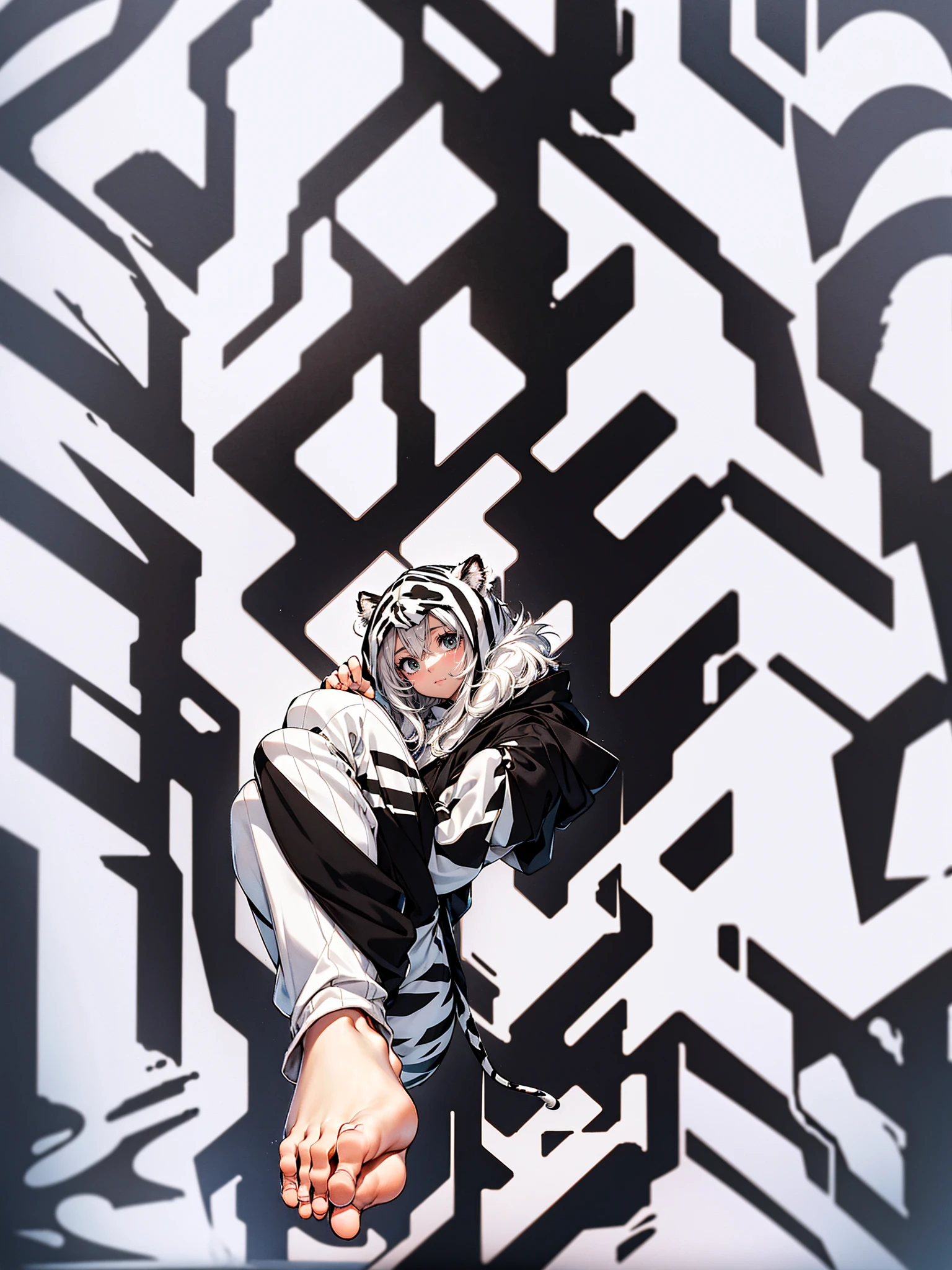(white tiger kigurumi:1.2), (fluffy and soft fabric:1.4),((Long sleeve, feet cover hands):1.2), (ears and striped hood:1.3), (black-tipped tail:1.3),