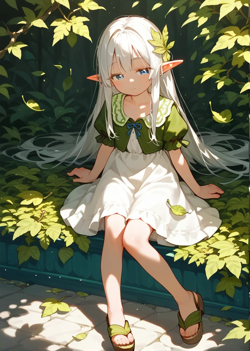 score 9, score 8 up, score 7 up, , young girl, Leaves, detailed background,
White hair, blue eyes, half-closed eyes, emotionless, dark dress, cute sandals, elf ears