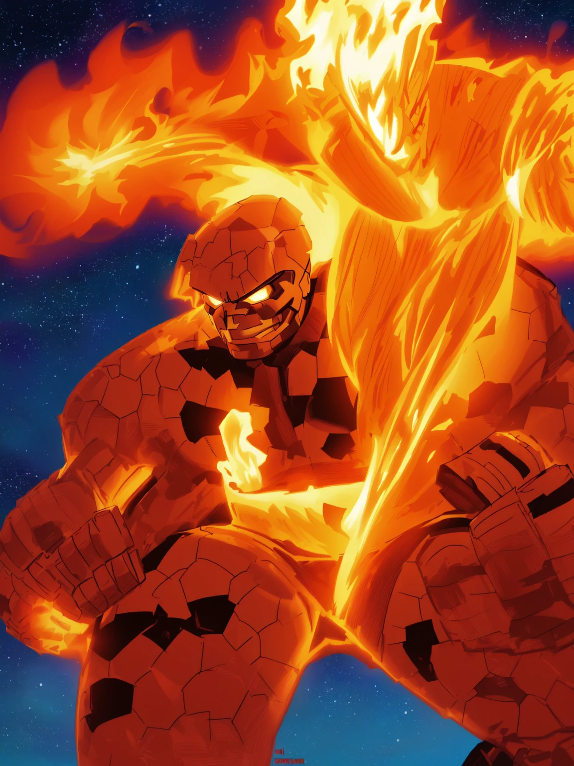 master piece, 8k detail, a close up of a drawing of a man with a fireball, colored screentone, inspired by John Romita Jr, human torch, from the thing, positing on rock super hero pose, john romita junior, full color illustration, john romita senior, by Jakob Gauermann, fan art, comic book illustration, digitally colored, colored illustration