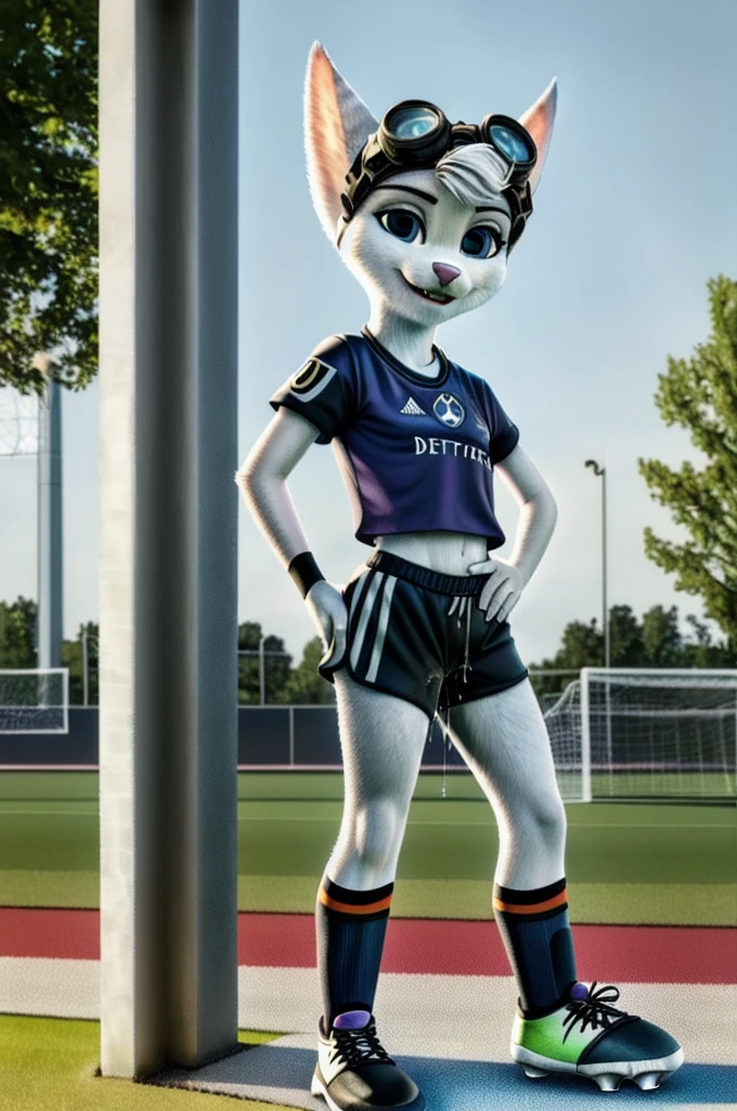 Rivet, tail, furry girl, 1girl, solo, young, (((Germany soccer shorts))), (((Germany soccer shirt))), (((Germany soccer shoes))), standing inside city park, detailed body fur, detailed body, detailed eyes, detailed face, athletic, skinny, high quality, masterpiece, small breasts, goggles, :D, looking at you, full body, ((good lighting on crotch)), (aroused), (horny), (bedroom eyes), ((vaginal juice dripping from crotch))