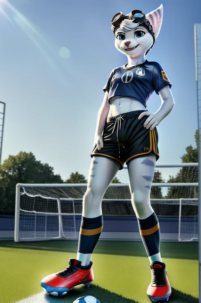 Rivet, tail, furry girl, 1girl, solo, young, (((Germany soccer shorts))), (((Germany soccer shirt))), (((Germany soccer shoes))), standing inside city park, detailed body fur, detailed body, detailed eyes, detailed face, athletic, skinny, high quality, masterpiece, small breasts, goggles, :D, looking at you, full body, ((good lighting on crotch)), (aroused), (horny), (bedroom eyes), ((vaginal juice dripping from crotch))