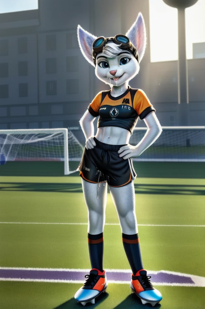 Rivet, tail, furry girl, 1girl, solo, young, (((Germany soccer shorts))), (((Germany soccer shirt))), (((Germany soccer shoes))), standing inside city park, detailed body fur, detailed body, detailed eyes, detailed face, athletic, skinny, high quality, masterpiece, small breasts, goggles, :D, looking at you, full body, ((good lighting on crotch)), (aroused), (horny), (bedroom eyes), ((vaginal juice dripping from crotch))