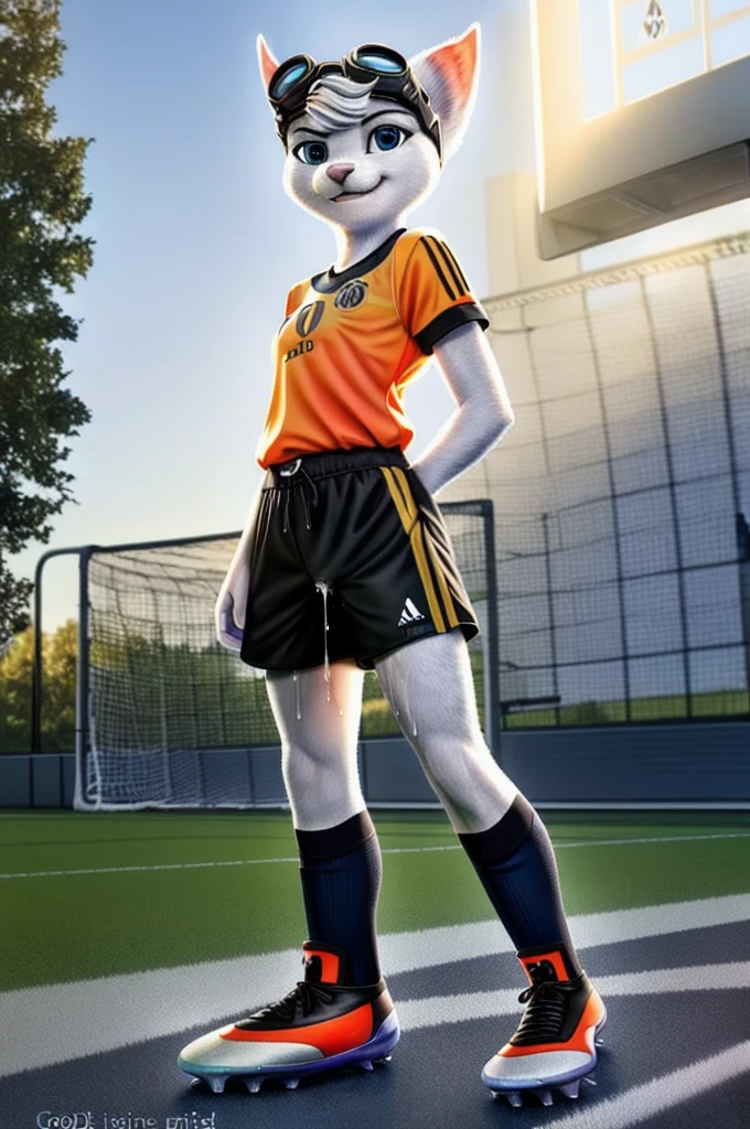 Rivet, tail, furry girl, 1girl, solo, young, (((Germany soccer shorts))), (((Germany soccer shirt))), (((Germany soccer shoes))), standing inside city park, detailed body fur, detailed body, detailed eyes, detailed face, athletic, skinny, high quality, masterpiece, small breasts, goggles, :D, looking at you, full body, ((good lighting on crotch)), (aroused), (horny), (bedroom eyes), ((vaginal juice dripping from crotch))