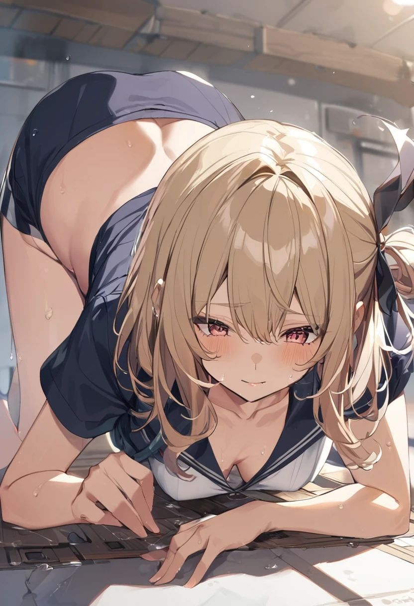 large 、wet.arms、looking at viewer、cowboy sot,(((overhead shot)))), ((((1girls/2boys))), spoken 〇〇、nsfw, penis, , under,erect nippleesenthe indl,Sex between men and women、sketch、ple Hair、She has a small ribbon on her head、Big Tits、doggystyle
