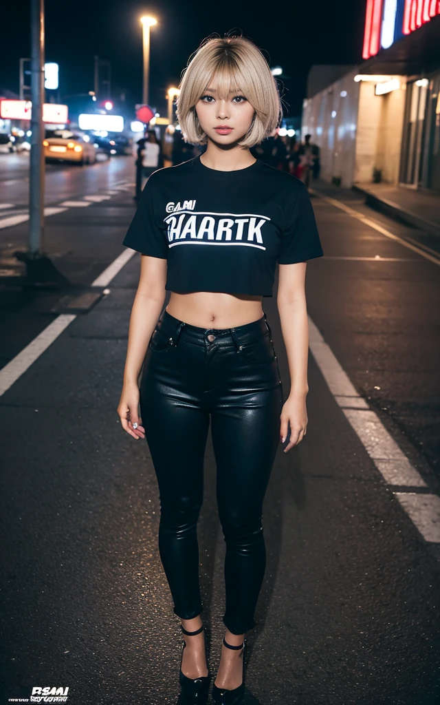 gyaru, dark-skinned, blond hair, short cut hair, wearing black cropped shirt, wearing black flared pants, thick fog, sony a7, film grain, dark night, Photorealistic, one-point perspective, 32K, cinematic lighting, full body shot