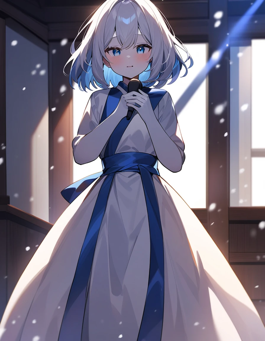 Her beautiful snow-colored hair reaches down to her waist.、A with lapis lazuli eyes, White skin, indoor, I love singing and I'm always singing