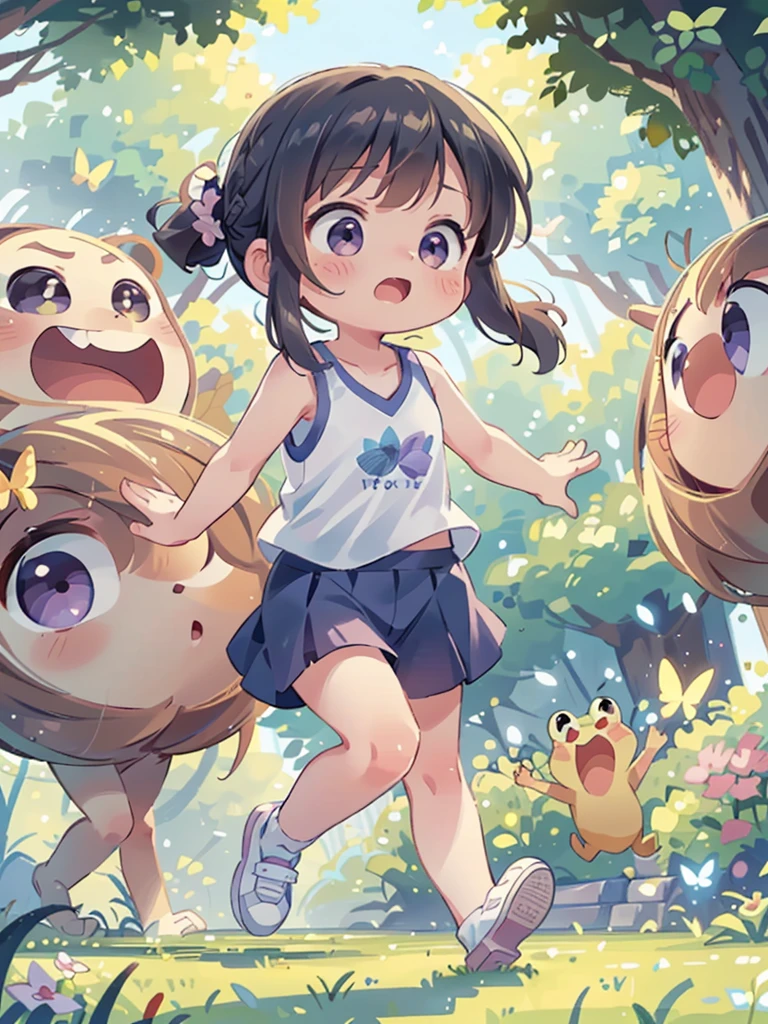 Highest quality、High resolution、Detailed Background、(Beautiful face in every detail:1.4)、Anatomically correct、(Detailed facial expressions)、(fine grain:1.2)、age Beauty、Cute hair color、Braided Ponytail、Braided bob cut、Braided twin tails、Lower grade primary school students, (Tank top、Vneck、mini skirt、Cute Shoes)、Perfect body line、(Running for his life:1.5、Sprinting:1.5)、I have tears in my eyes:1.5、While screaming for help、An expression that looks like it's about to cry)、(A butterfly of incredible size behind:1.5, They chase after them in large groups.:1.5)、(Run away quickly!!:1.5, Run fast!!:1.5, Frogs cheering from both sides:1.5), shoot from side:1.5,
