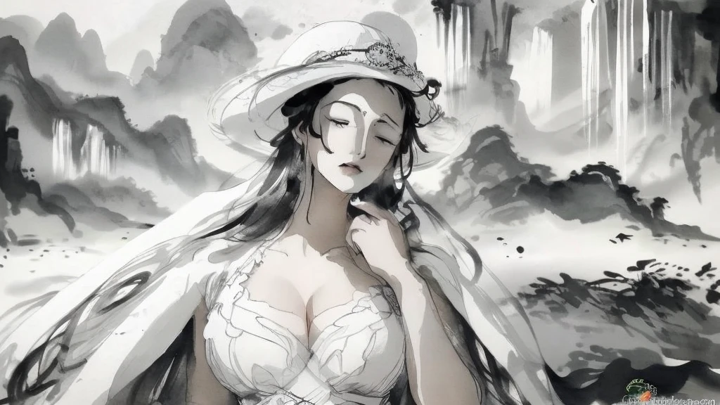 black and white tones:1.3, masterpiece, best quality, tradition chinese ink watercolor paintings:1.2, use thick and light inks to create light and dark changes and layers, a beautiful 20s russian model, ultra detailed face, eye closed