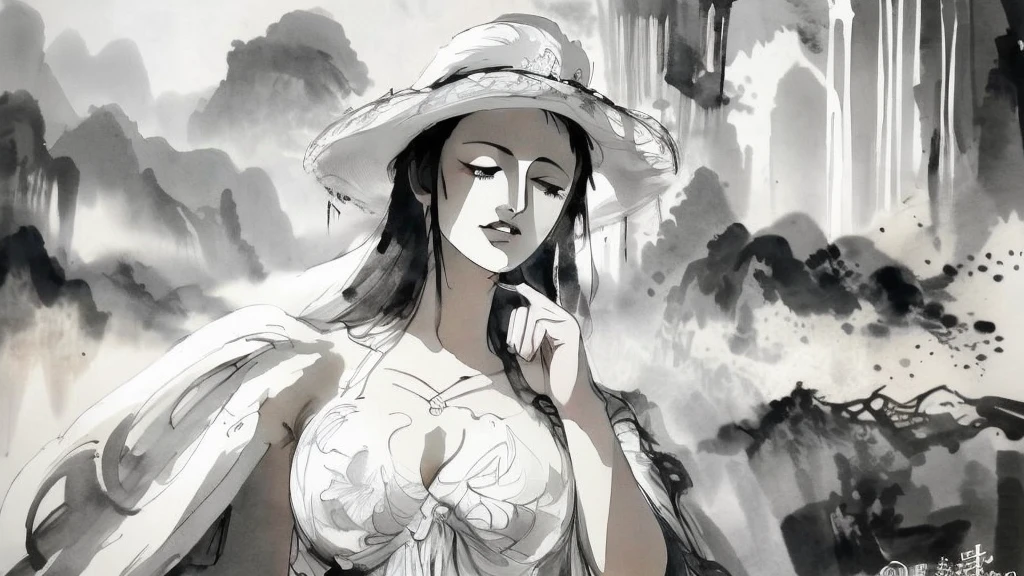 black and white tones:1.3, masterpiece, best quality, tradition chinese ink watercolor paintings:1.2, use thick and light inks to create light and dark changes and layers, a beautiful 20s russian model, ultra detailed face, eye closed
