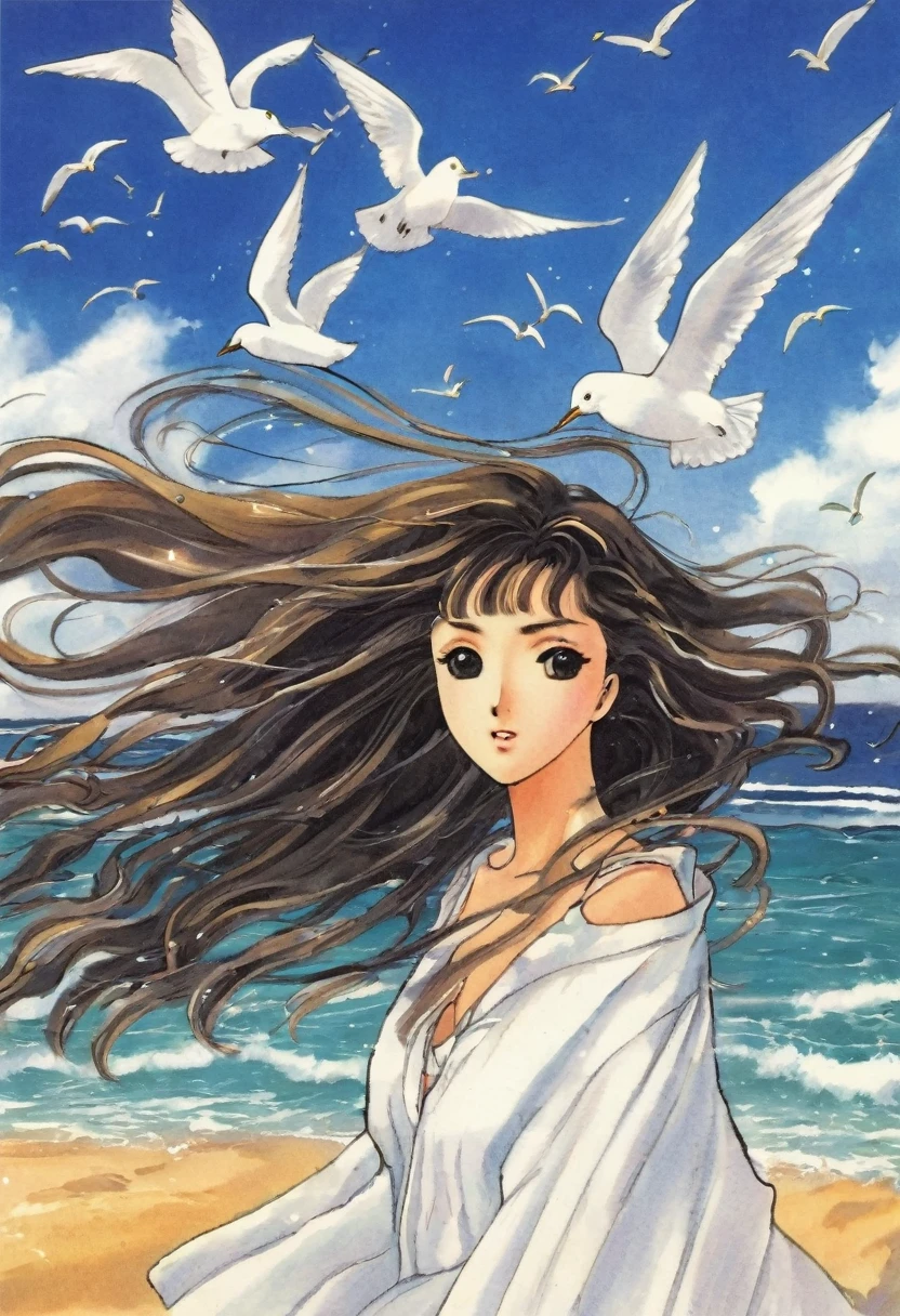 "Create an anime-style artwork of a girl with wind blowing through her hair. Her hair should flow dynamically in the wind, capturing a sense of movement and freedom. The background should hint at a windswept landscape or a beach with blurred images of crashing waves and flying seagulls, emphasizing the natural and serene atmosphere around her."