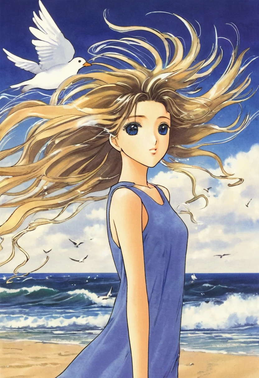 "Create an anime-style artwork of a girl with wind blowing through her hair. Her hair should flow dynamically in the wind, capturing a sense of movement and freedom. The background should hint at a windswept landscape or a beach with blurred images of crashing waves and flying seagulls, emphasizing the natural and serene atmosphere around her."