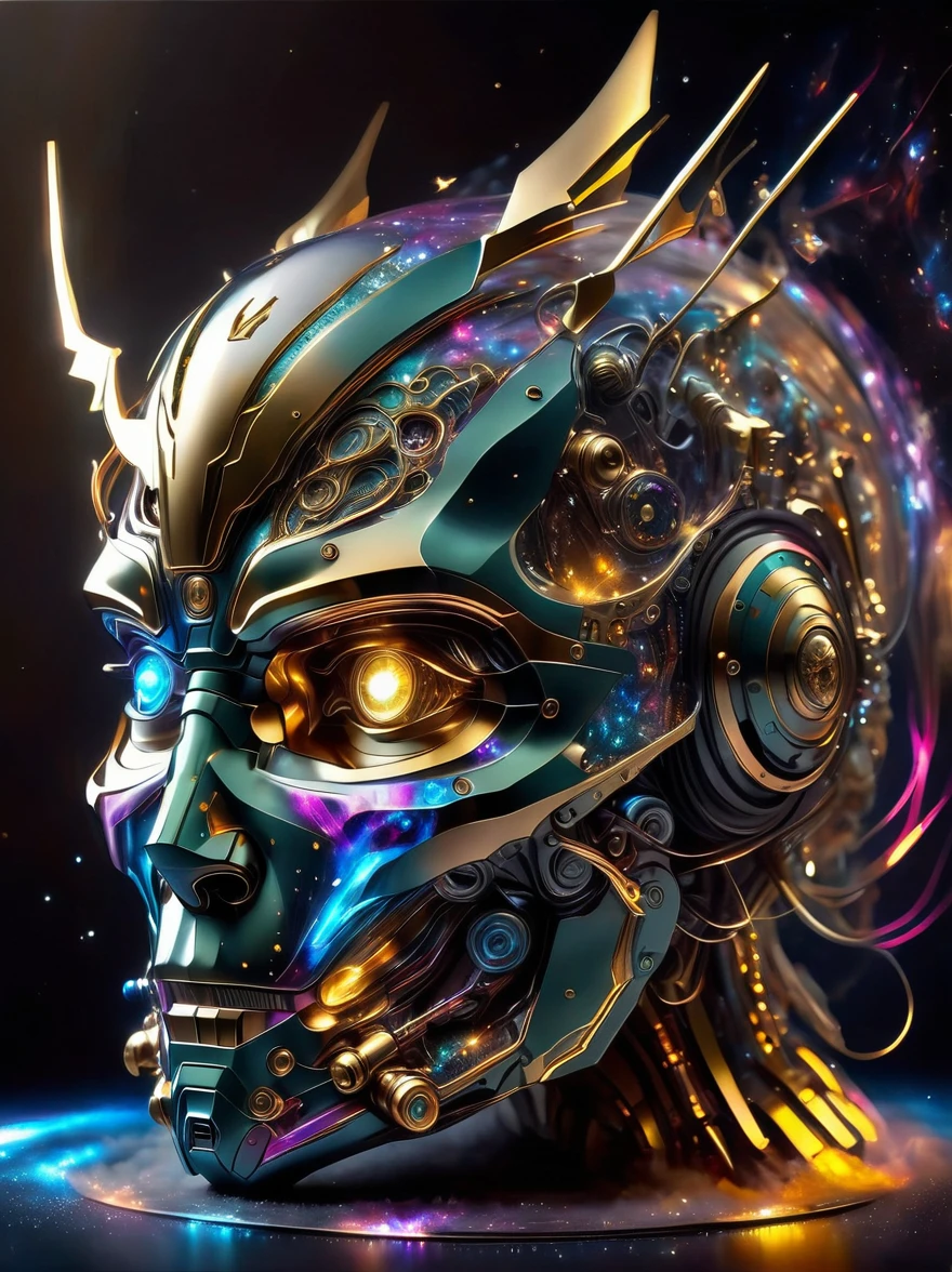 Multiversal robot created from a space-time distortion, Humanoid being with a large dark blue robe, Casco redondo con una gran visor de color morado, apariencia misteriosa, deteriorada e intimidante